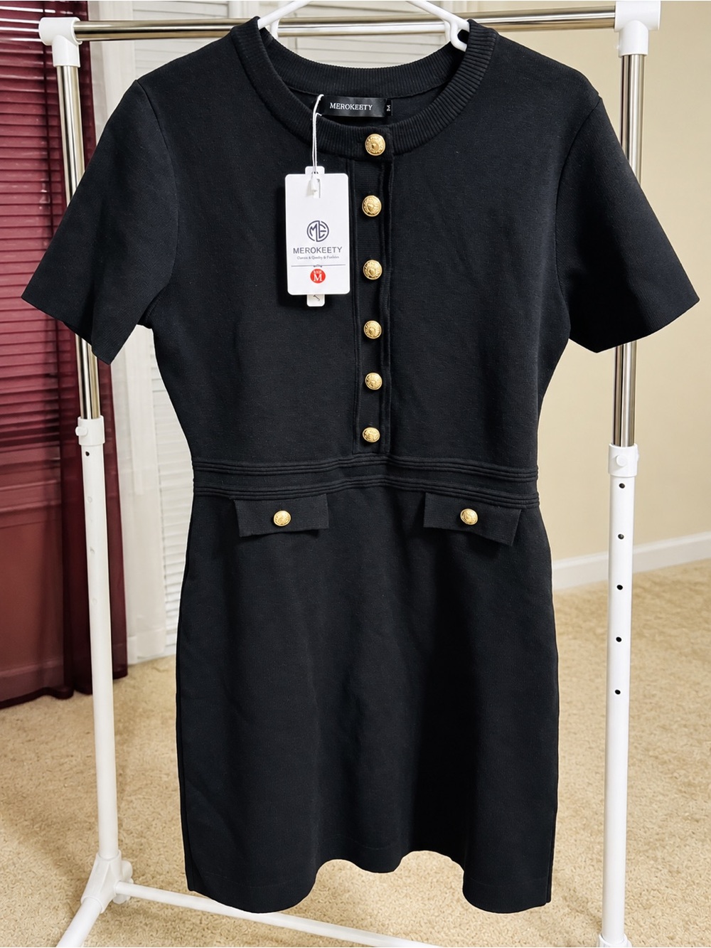Merokeety Black Midi Dress with Gold Buttons